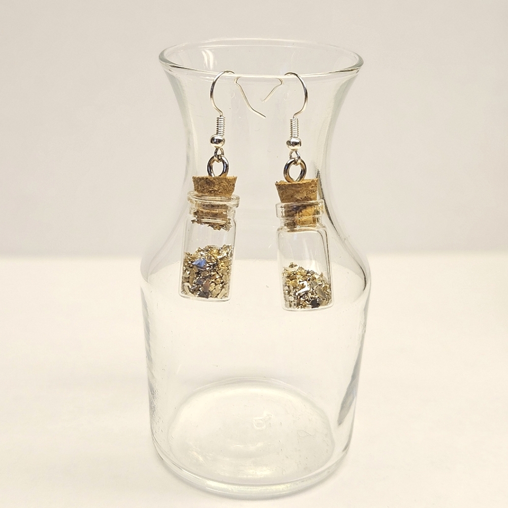 Gold and Silver Glass Gitter Mini Bottle Earrings